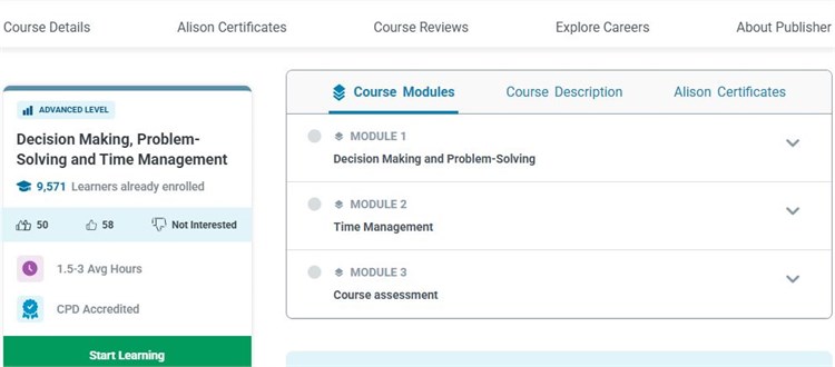 Khóa học “Ra quyết định, Giải quyết vấn đề và Quản lý thời gian - Decision Making, Problem-Solving and Time Management” trên Alison