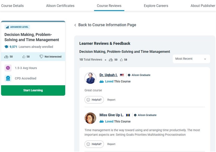 Khóa học “Ra quyết định, Giải quyết vấn đề và Quản lý thời gian - Decision Making, Problem-Solving and Time Management” trên Alison