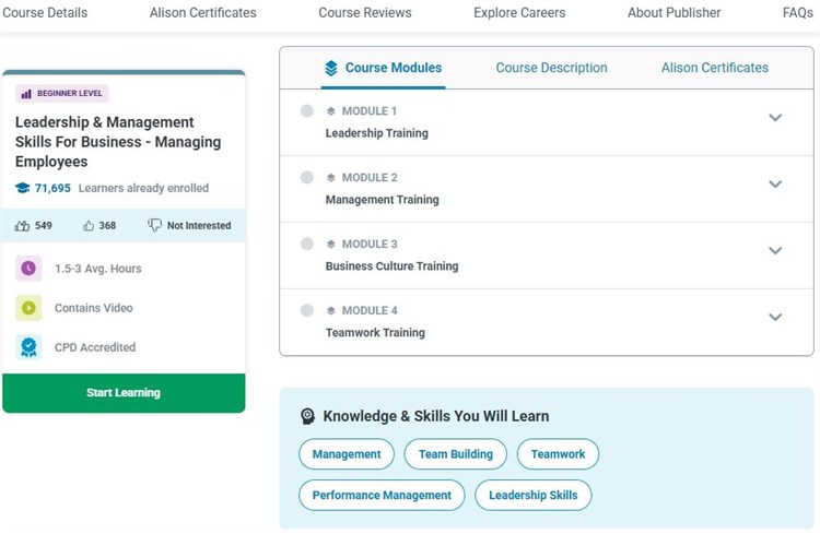 [Alison] Khóa học “Leadership & Management Skills For Business - Managing Employees – Kỹ năng lãnh đạo và quản lý trong kinh doanh - Quản lý nhân viên” miễn phí trên Alison