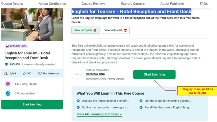 [Alison] Khóa học trực tuyến miễn phí “English for Tourism – Hotel Reception and Front Desk”: Học Tiếng Anh chuyên ngành Du lịch – Lễ tân khách sạn