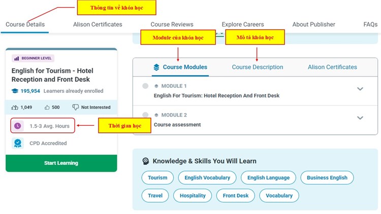 [Alison] Khóa học trực tuyến miễn phí “English for Tourism – Hotel Reception and Front Desk”: Học Tiếng Anh chuyên ngành Du lịch – Lễ tân khách sạn