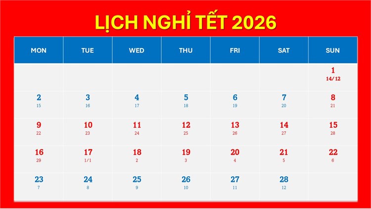 THÔNG BÁO: V/v nghỉ Tết Âm lịch năm 2026