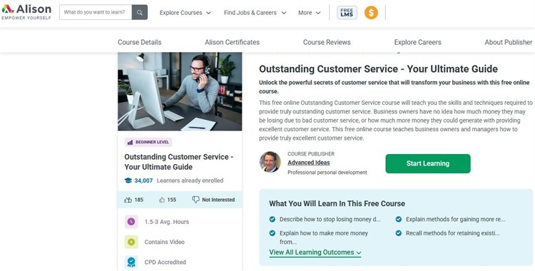 [Alison] Khóa học “Outstanding Customer Service - Your Ultimate Guide - Dịch vụ khách hàng xuất sắc - Hướng dẫn tối ưu dành cho bạn” hoàn toàn miễn phí.