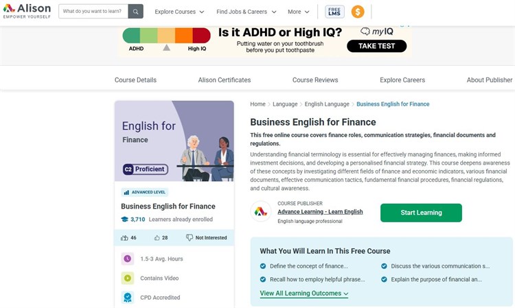 [Alison] Khóa học “Business English for Finance – Tiếng Anh thương mại chuyên ngành tài chính” hoàn toàn miễn phí.