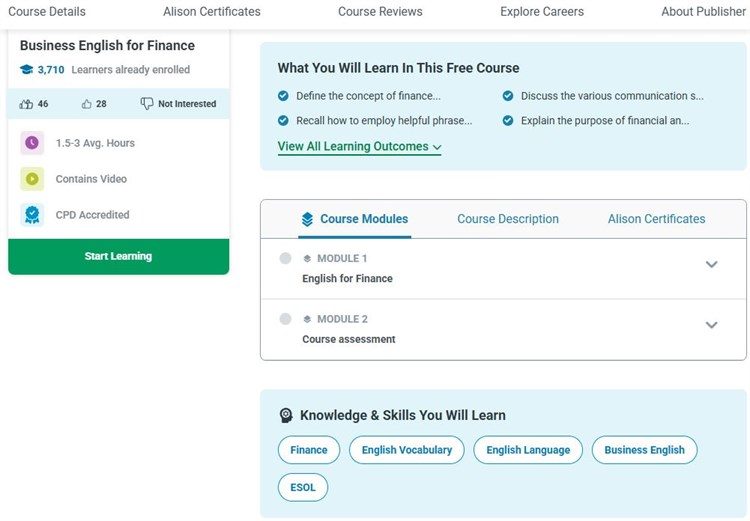 [Alison] Khóa học “Business English for Finance – Tiếng Anh thương mại chuyên ngành tài chính” hoàn toàn miễn phí.