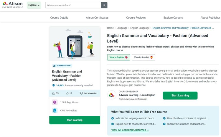 [Alison] Khóa học “English Grammar and Vocabulary - Fashion (Advanced Level) – Ngữ pháp và từ vựng tiếng Anh - Thời trang (Trình độ nâng cao)” hoàn toàn miễn phí.