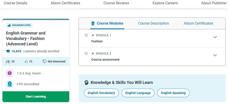 [Alison] Khóa học “English Grammar and Vocabulary - Fashion (Advanced Level) – Ngữ pháp và từ vựng tiếng Anh - Thời trang (Trình độ nâng cao)” hoàn toàn miễn phí.