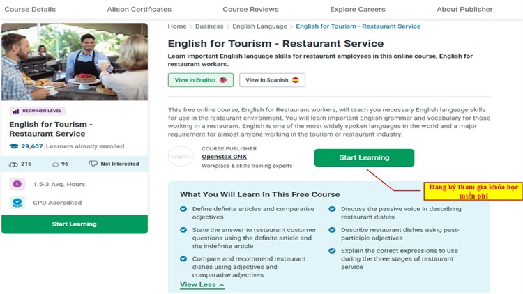 [Alison] Khóa học “English for Tourism - Restaurant Service” – “Tiếng Anh chuyên ngành Du lịch - Dịch vụ Nhà hàng”