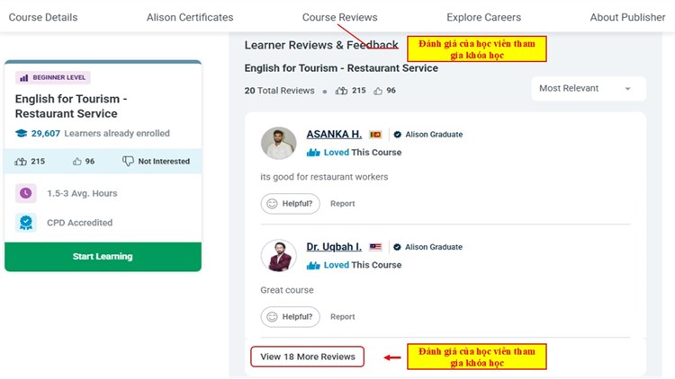 [Alison] Khóa học “English for Tourism - Restaurant Service” – “Tiếng Anh chuyên ngành Du lịch - Dịch vụ Nhà hàng”