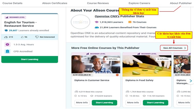 [Alison] Khóa học “English for Tourism - Restaurant Service” – “Tiếng Anh chuyên ngành Du lịch - Dịch vụ Nhà hàng”