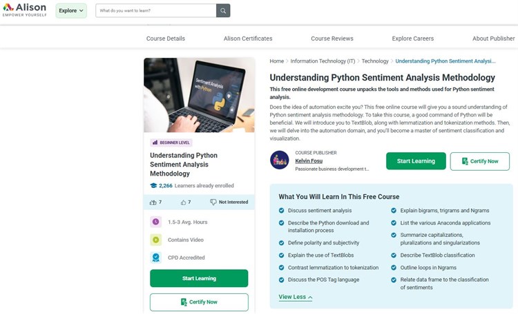 [Alison] Khóa học “Understanding Python Sentiment Analysis Methodology - Tìm hiểu phương pháp phân tích cảm xúc bằng Python” hoàn toàn miễn phí.