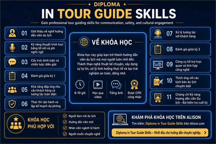 [Alison] Khóa học miễn phí `DIPLOMA IN TOUR GUIDE SKILLS - Chứng chỉ nghề hướng dẫn viên du lịch`