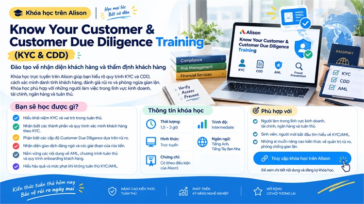 [Alison] Khóa học miễn phí “Know Your Customer & Customer Due Diligence Training” – Đào tạo về Nhận diện và Thẩm định khách hàng