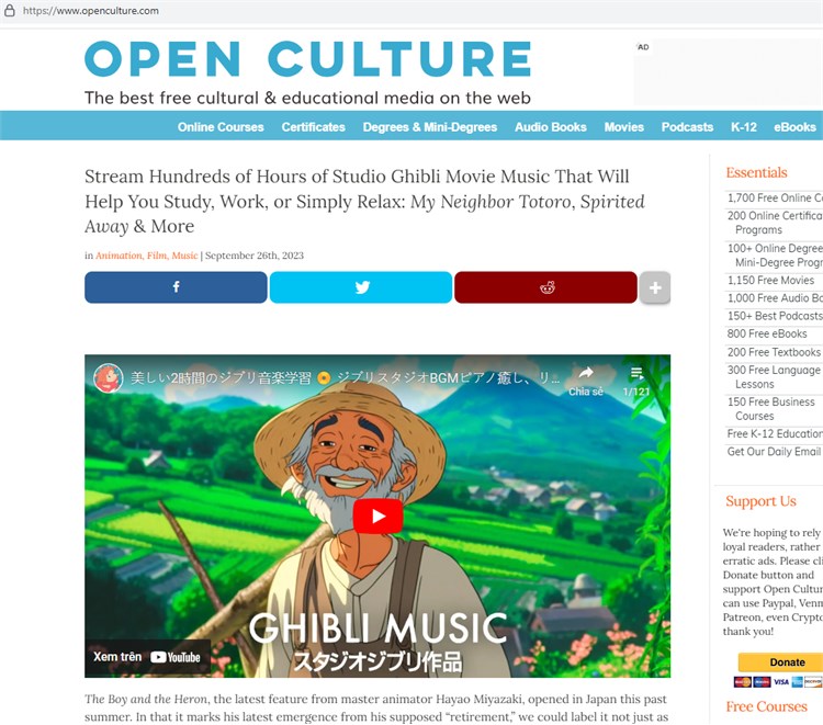 Open Culture: Cơ sở dữ liệu mở, cung cấp tài liệu multimedia miễn phí về văn hóa và giáo dục