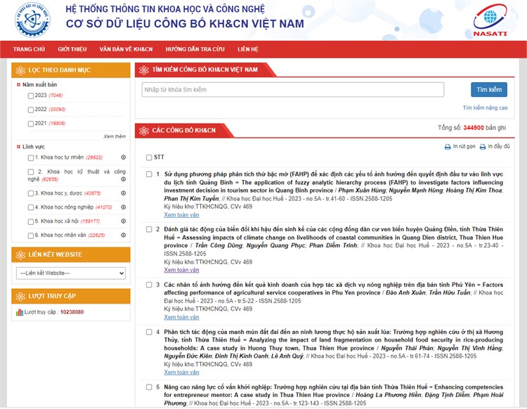 Hướng dẫn sử dụng CSDL Công bố Khoa học và Công nghệ Việt Nam