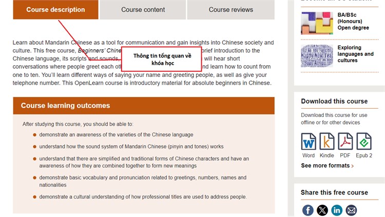 Khóa học “Tiếng Trung cho người mới bắt đầu - Beginners’ Chinese: a taster course` trên hệ thống OpenLearn