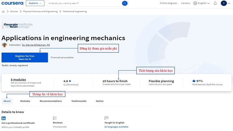 Khóa học “Ứng dụng trong cơ khí kỹ thuật - Applications in engineering mechanics” trên Coursera