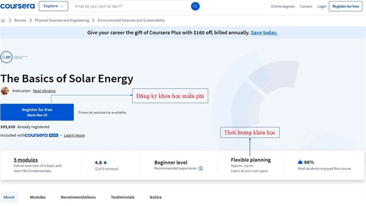 Khóa học “The Basics of Solar Energy - Khái niệm cơ bản về năng lượng mặt trời -” hoàn toàn miễn phí trên Coursera