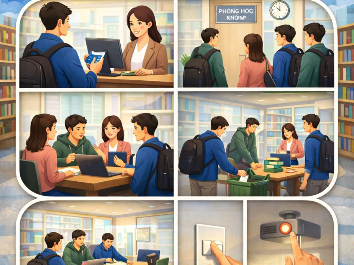 Hướng dẫn các bước công việc cần thiết khi bạn đọc đến và sử dụng phòng học nhóm tại Trung tâm Thông tin Thư viện